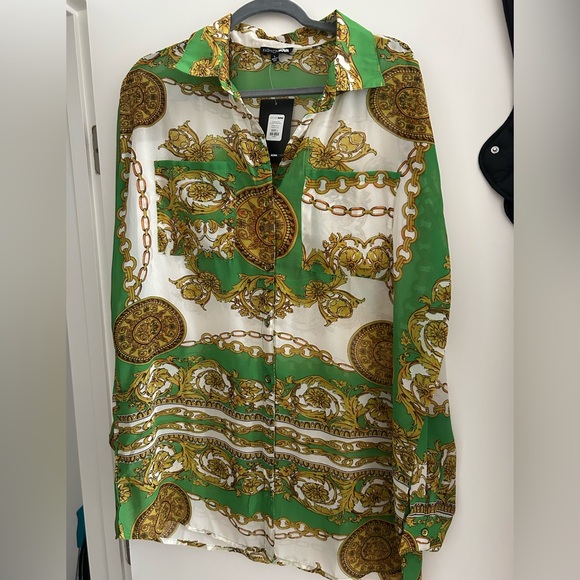NWT Fashion Nova Green and Gold Chain Print Shirts - Picture 6 of 8